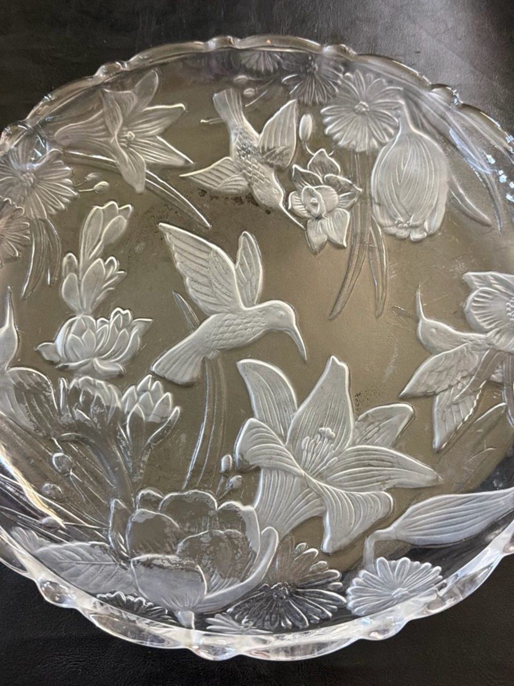 Clear Floral Hummingbird Glass Decorative Platter